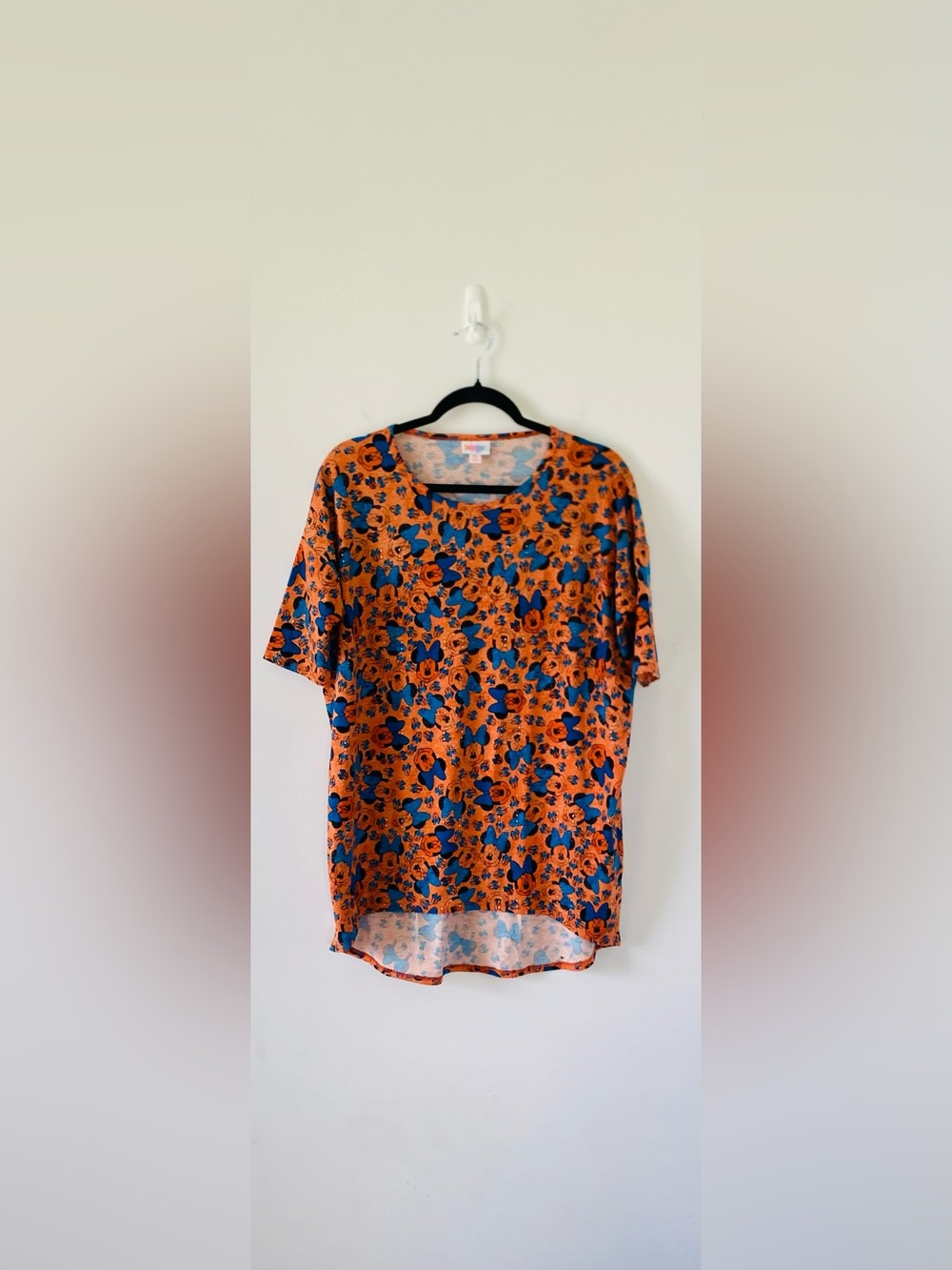 LuLaRoe Disney Irma Tunic Top Minnie Mouse Orange Blue Bows High Low XS